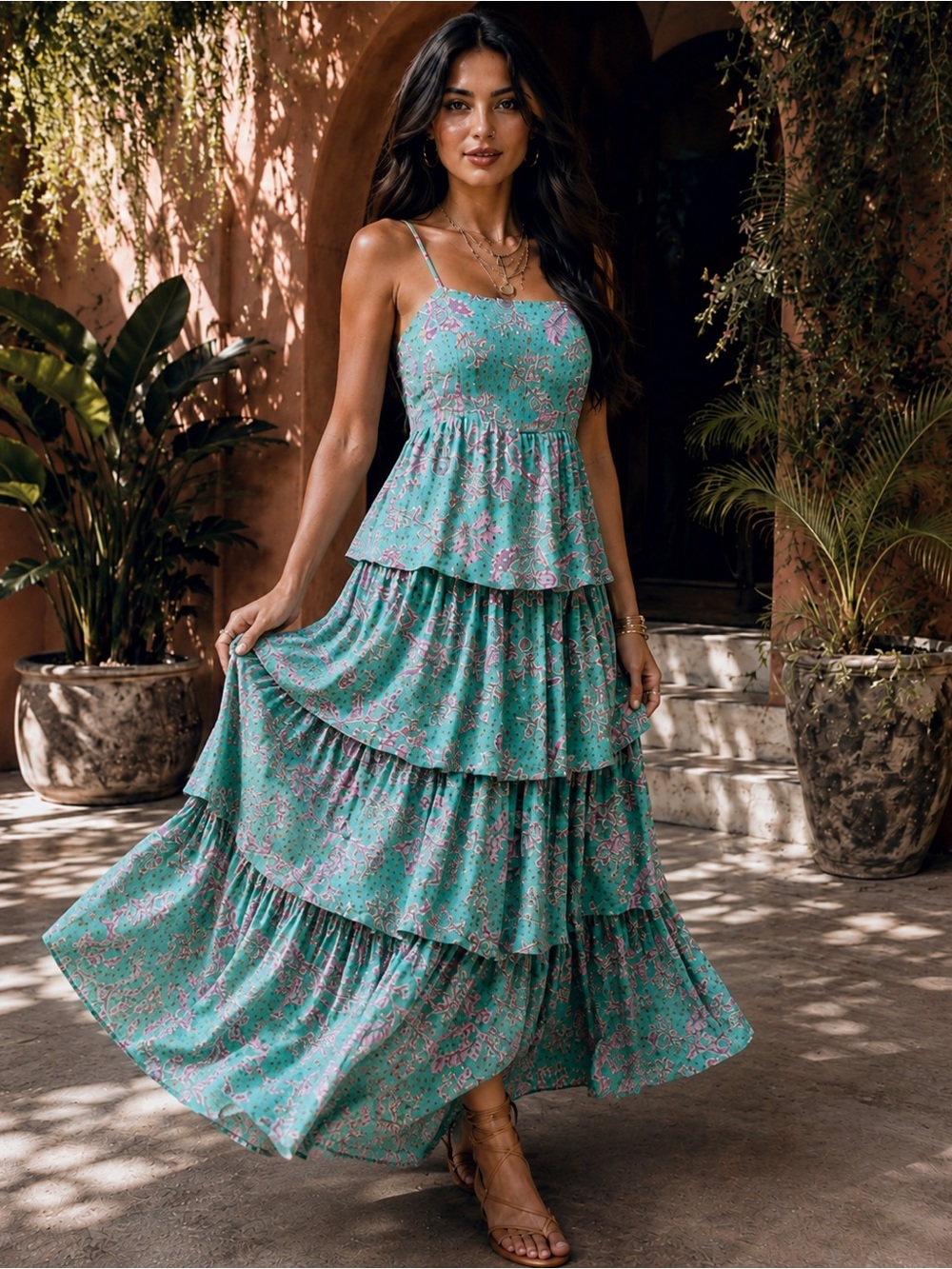 Entro Green & Pink Floral Tiered Midi Dress
